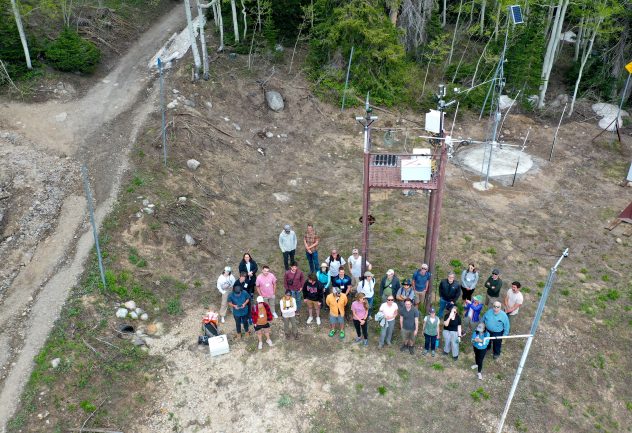 A group of people looking up at an drone camera